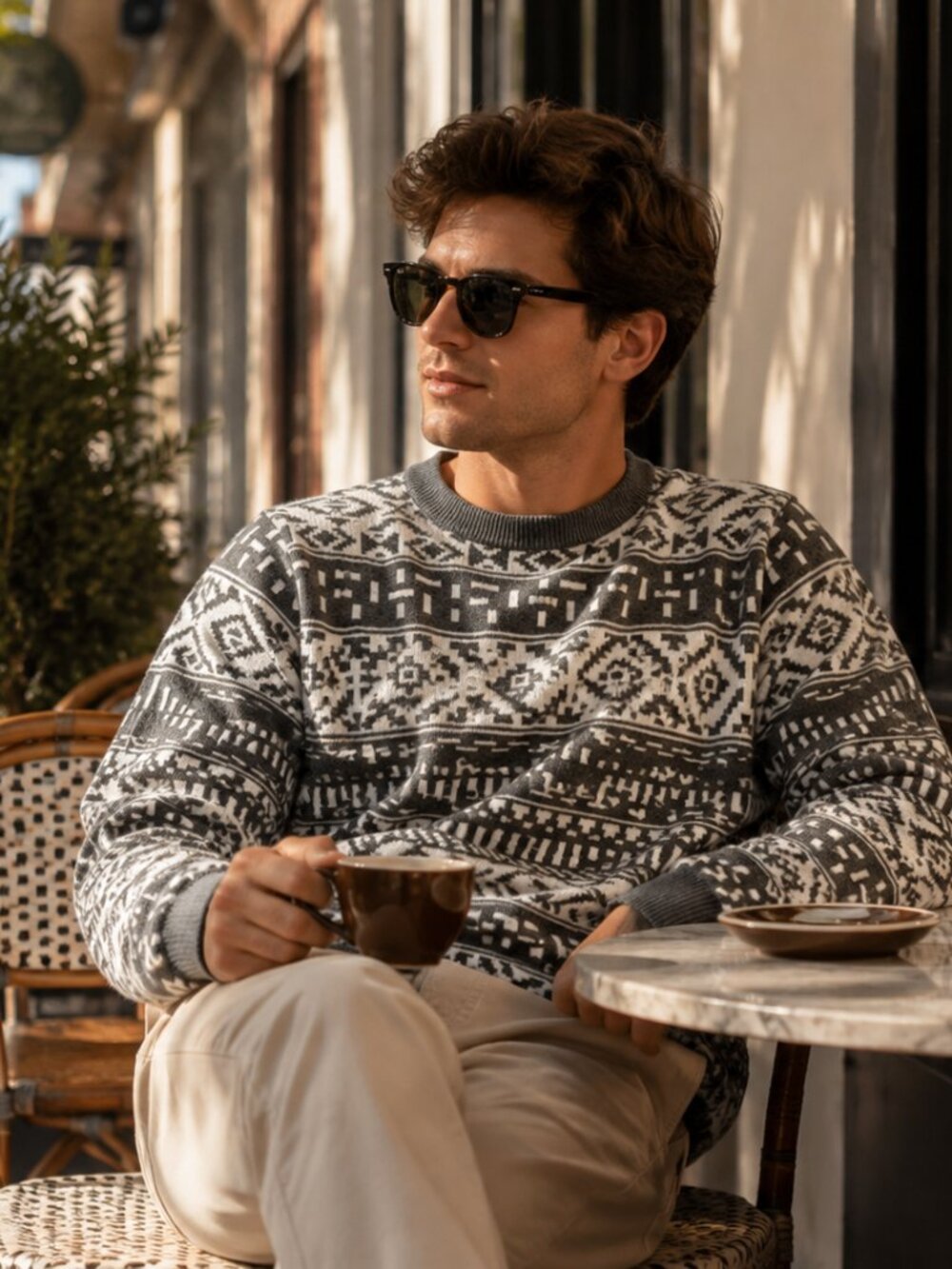 Topman Mens S Gray White Nordic Geometric Crewneck Sweater Made in Italy